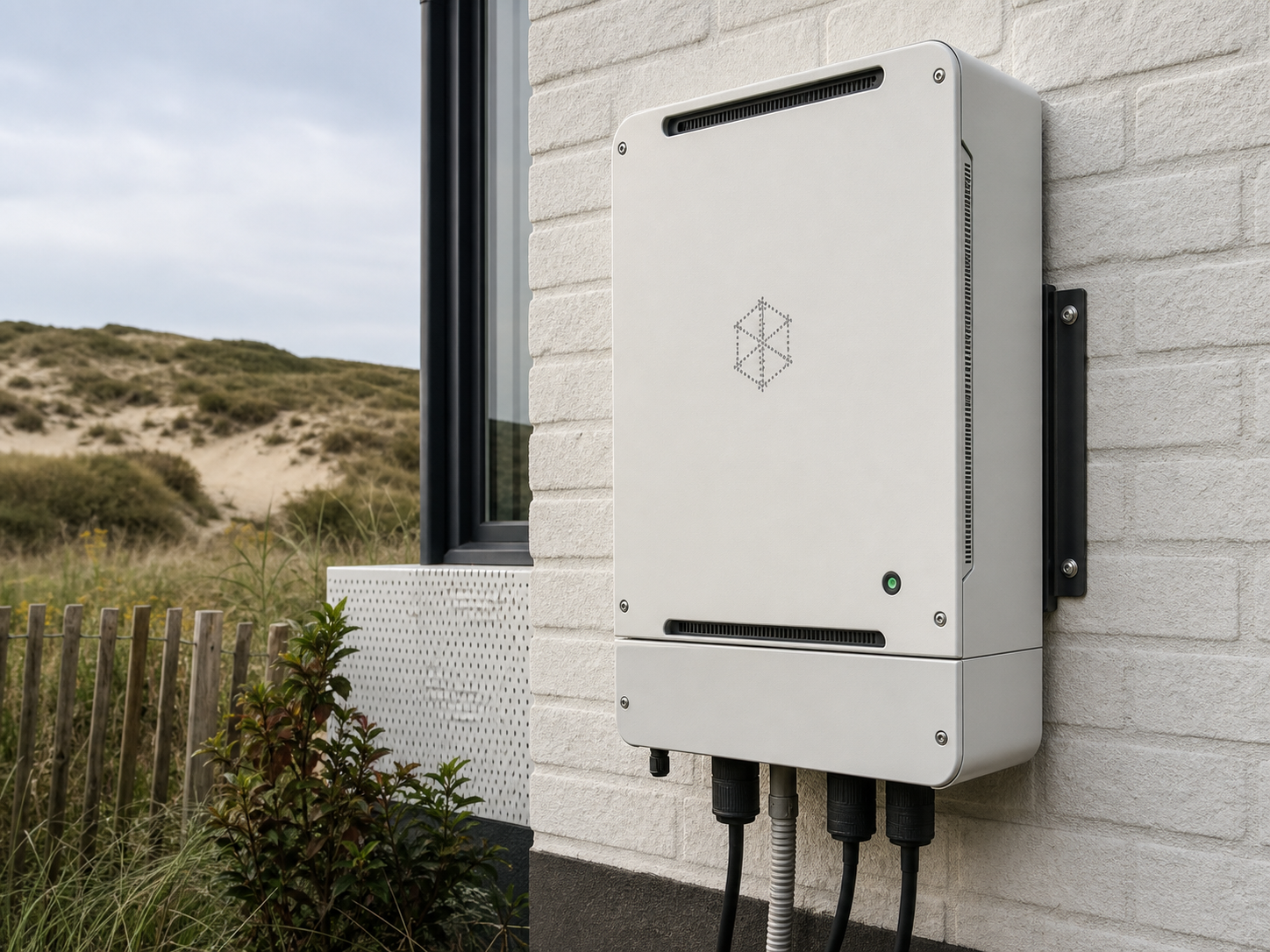 Photorealistic concept image of a sealed outdoor AI inference node mounted on a pale exterior wall